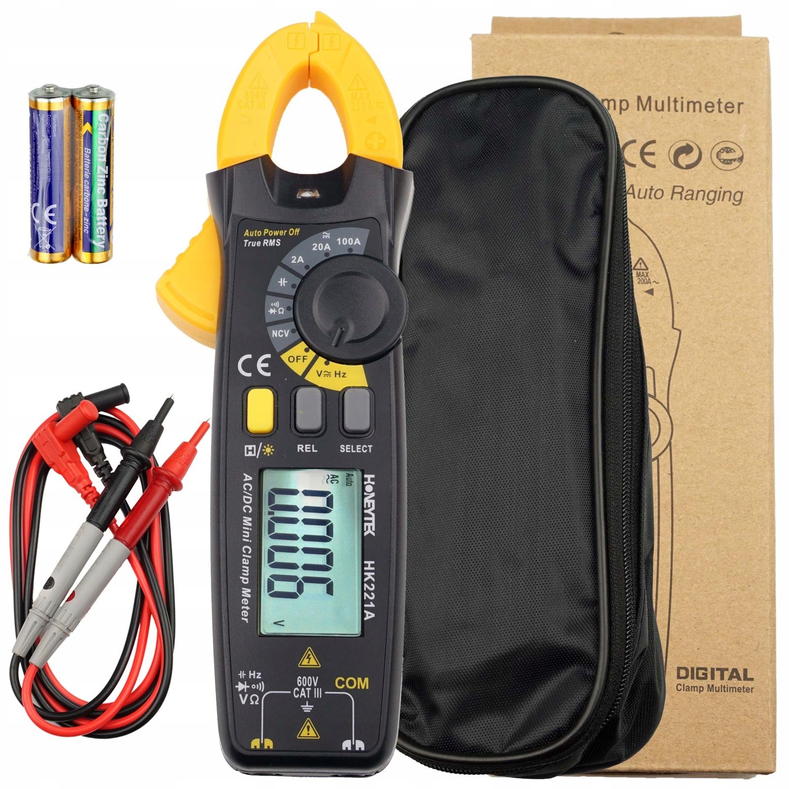 Klešťový měřič Honeytek HK221A Trms Ncv Cat III 600V 100A 2000 počítání LCD