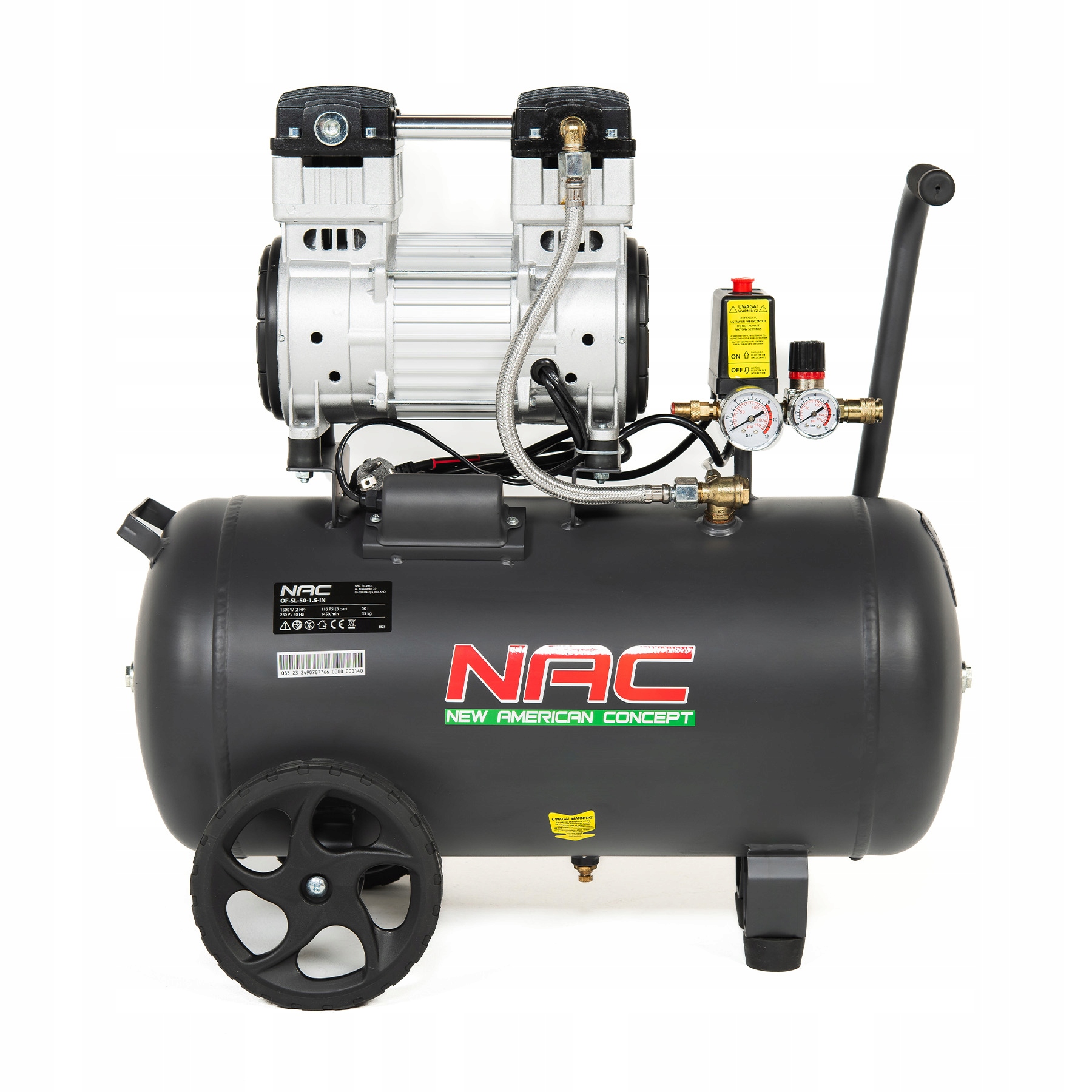 KOMPRESOR BEZOLEJOWY SPRĘŻARKA 50L 1500W CICHY Marka NAC