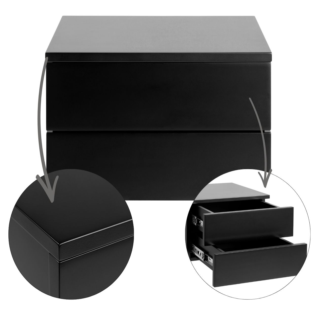 Závesná Nočná Skrinka nočný stolík čierny do spálne 2 zásuvky moderný