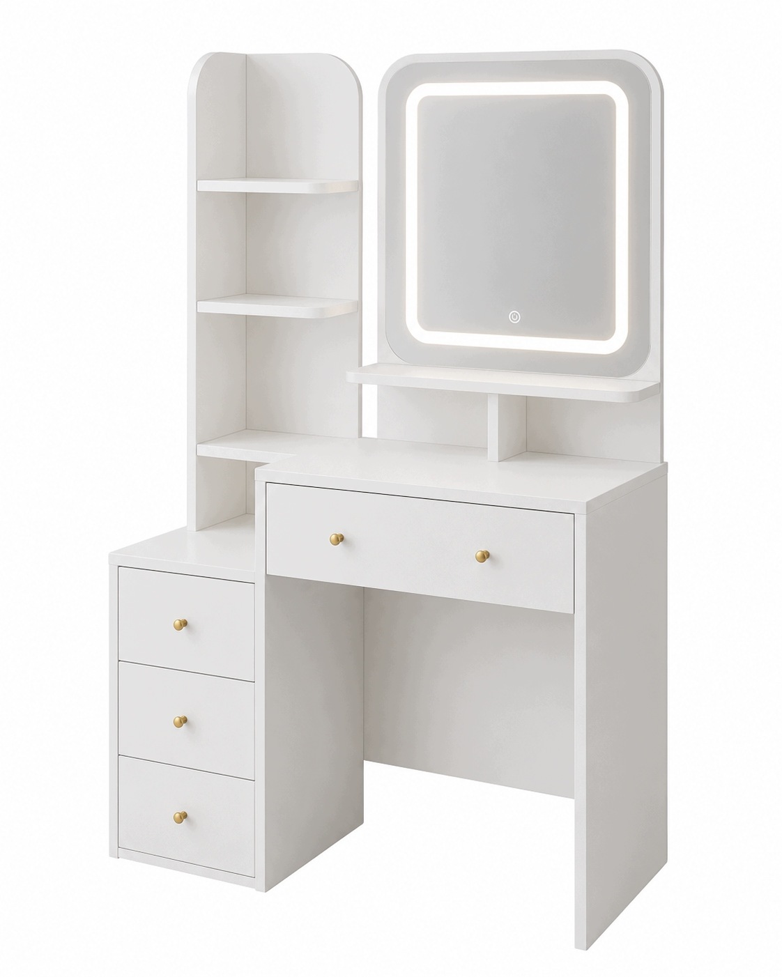 Toaletka z Lustrem Led Regałem 4 Szuflady Biała Mat Glamour 102 cm