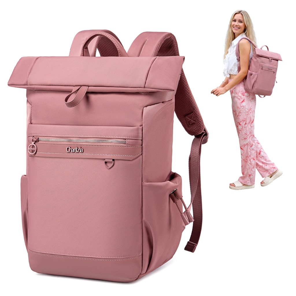 Módní batoh v růžové barvě, stylový design pro práci na studium notebook 15,6"