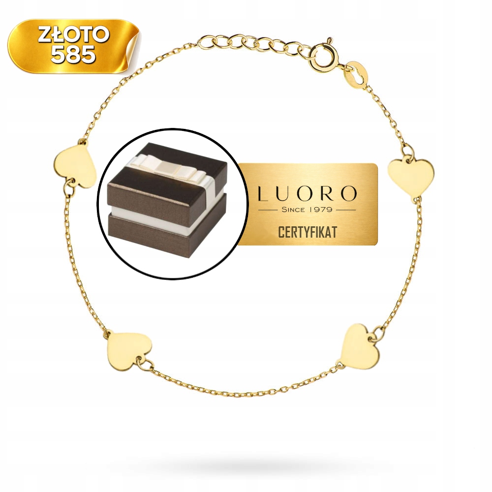 Náramek Zlatý 585 14K Čtyři Srdce Žluté Zlato 17-19 CM Nastavitelný
