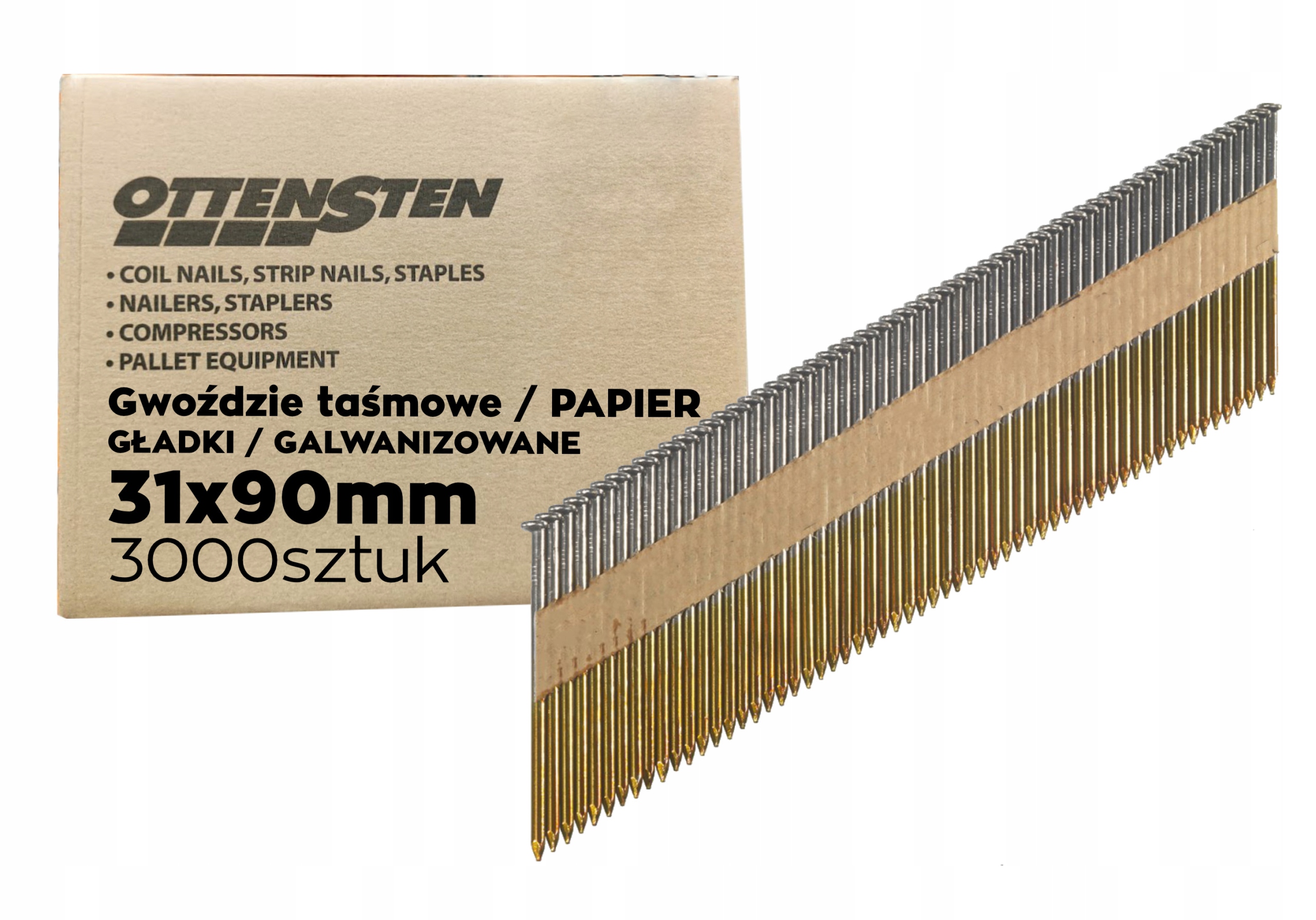 Gwoździe na taśmie papier 3,1x90mm 3tys gwoździarka Gładkie Czarne