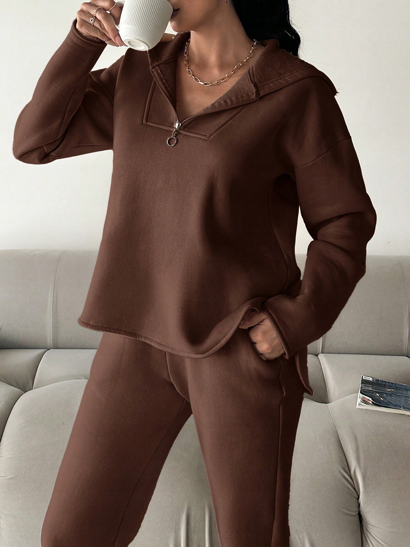 Teplákovka Dámský Zateplený Komplet Hnědý S Kapucí Ležérní Shein M 38
