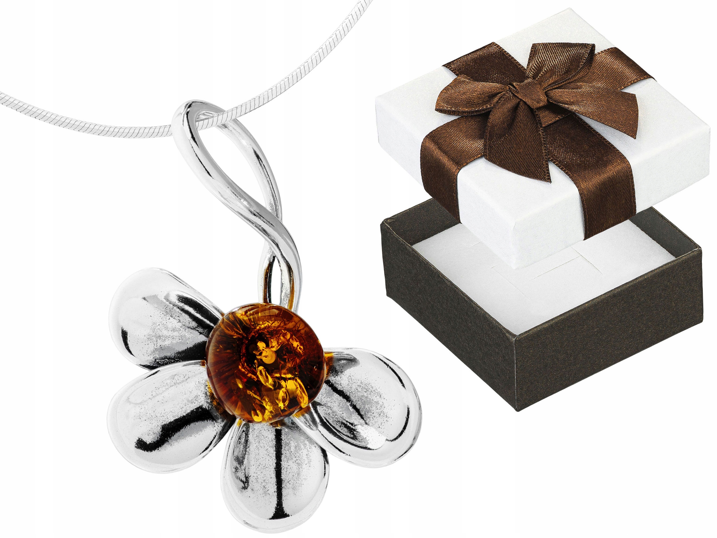 Velký Stříbrný Oxidovaný Dámský Náhrdelník Květina s Jantarem Choker 40