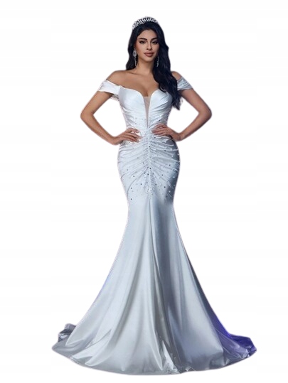Shein Bílá Svatební Šaty Mořská Panna S Odhalenými Rameny A Korálky 36 1 Kh