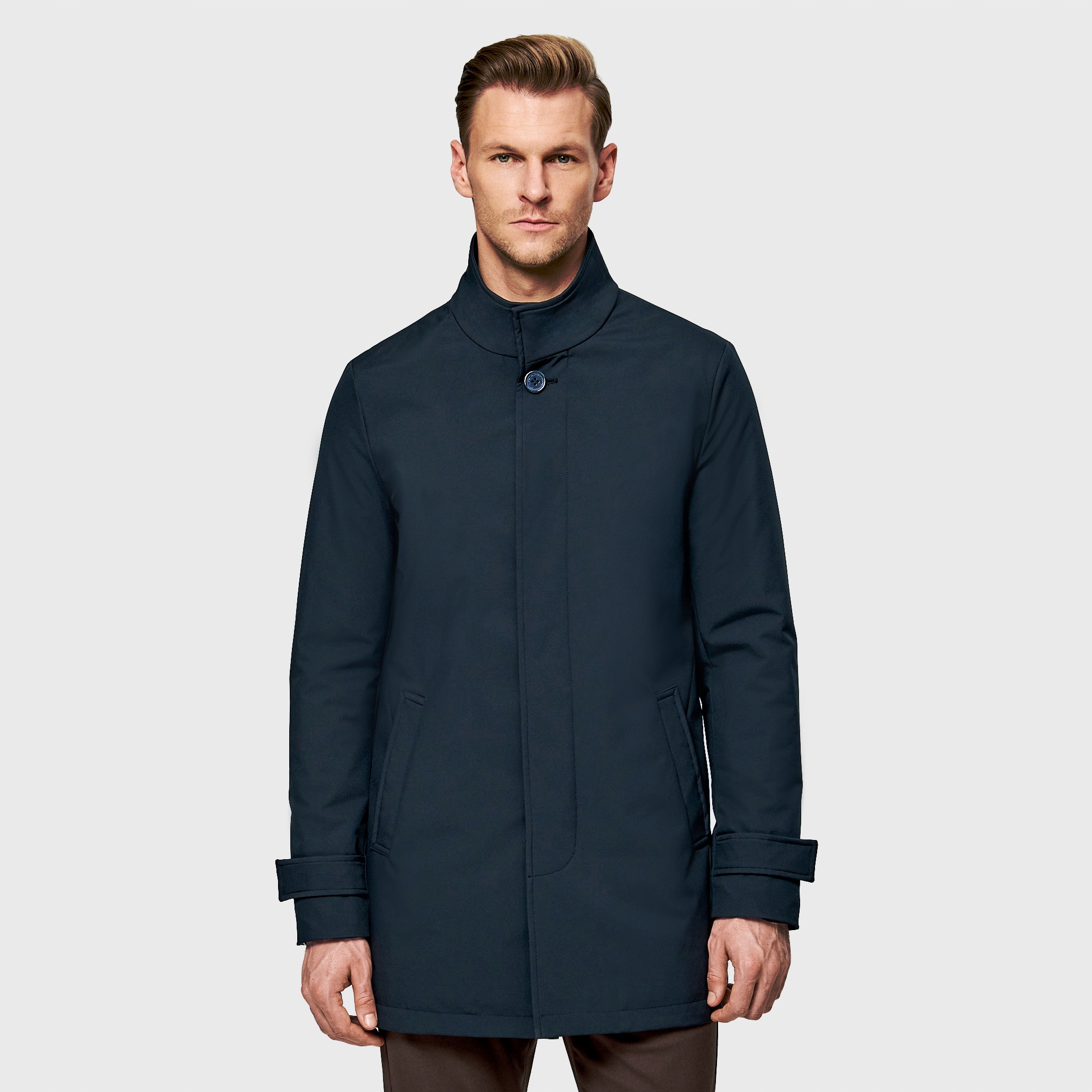 Tmavě modrý jarní pánský kabát s vysokým stojáčkem Pako Lorente vel 50