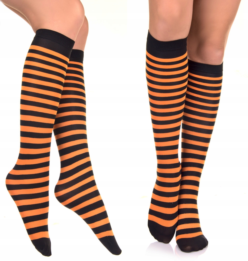 

Podkolanówki W Paski damskie Czarno Pomarańczowe