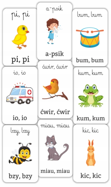 

Onomatopeje karty obrazkowe (zestaw 42 kart)