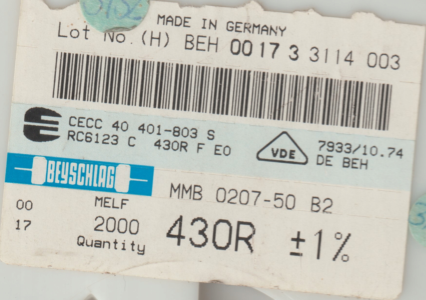 [20szt] 430R 1% 50ppm 1W rezystor Smd melf MMB0207 Beyschlag low noise