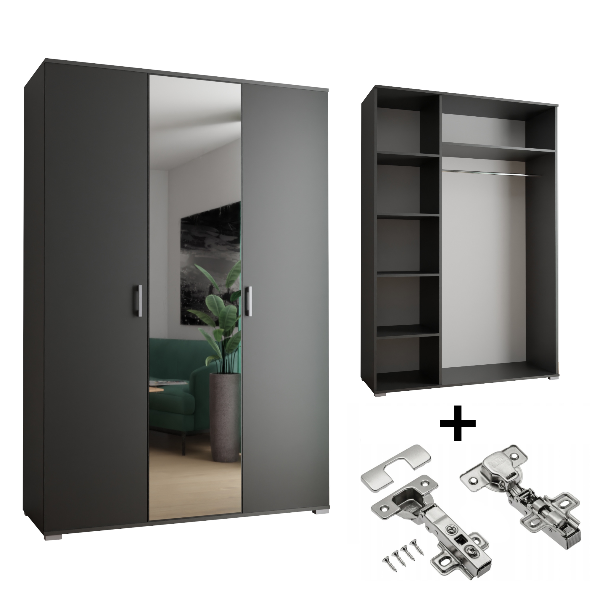 Skříň Akce 3-D 120 x 192 x 51 cm Černá Zrcadlo S Tlumením Dovírání