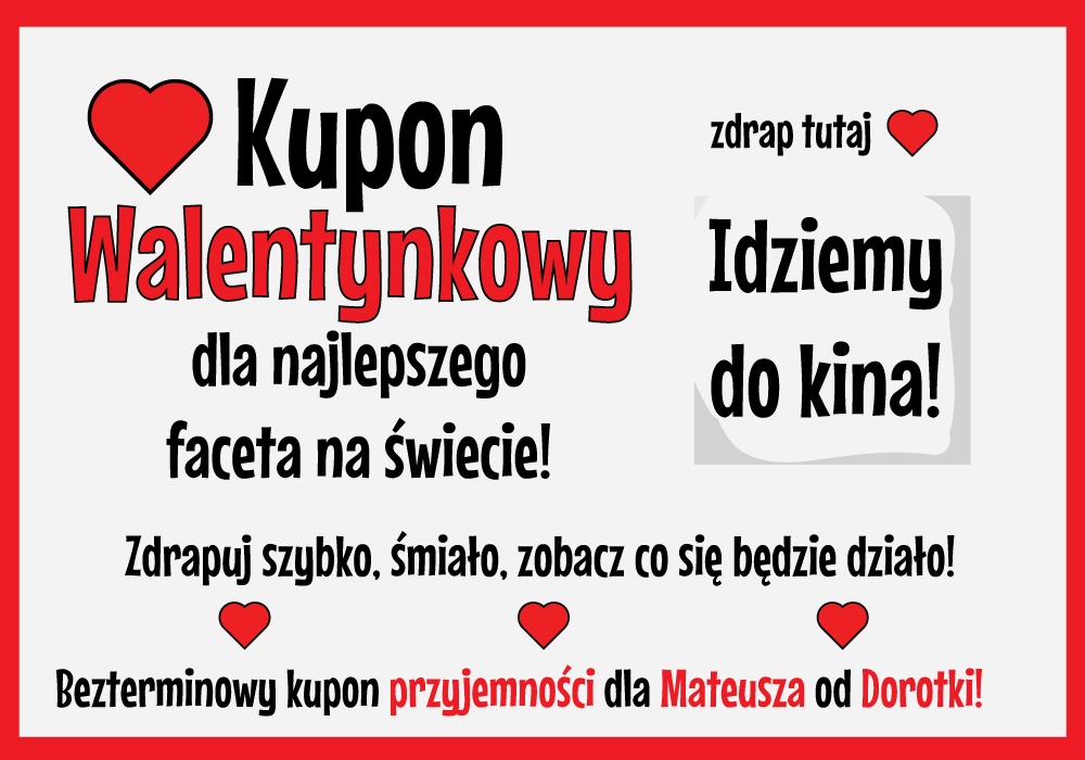 WALENTYNKI dla niej niego ZDRAPKI KUPONY prezent