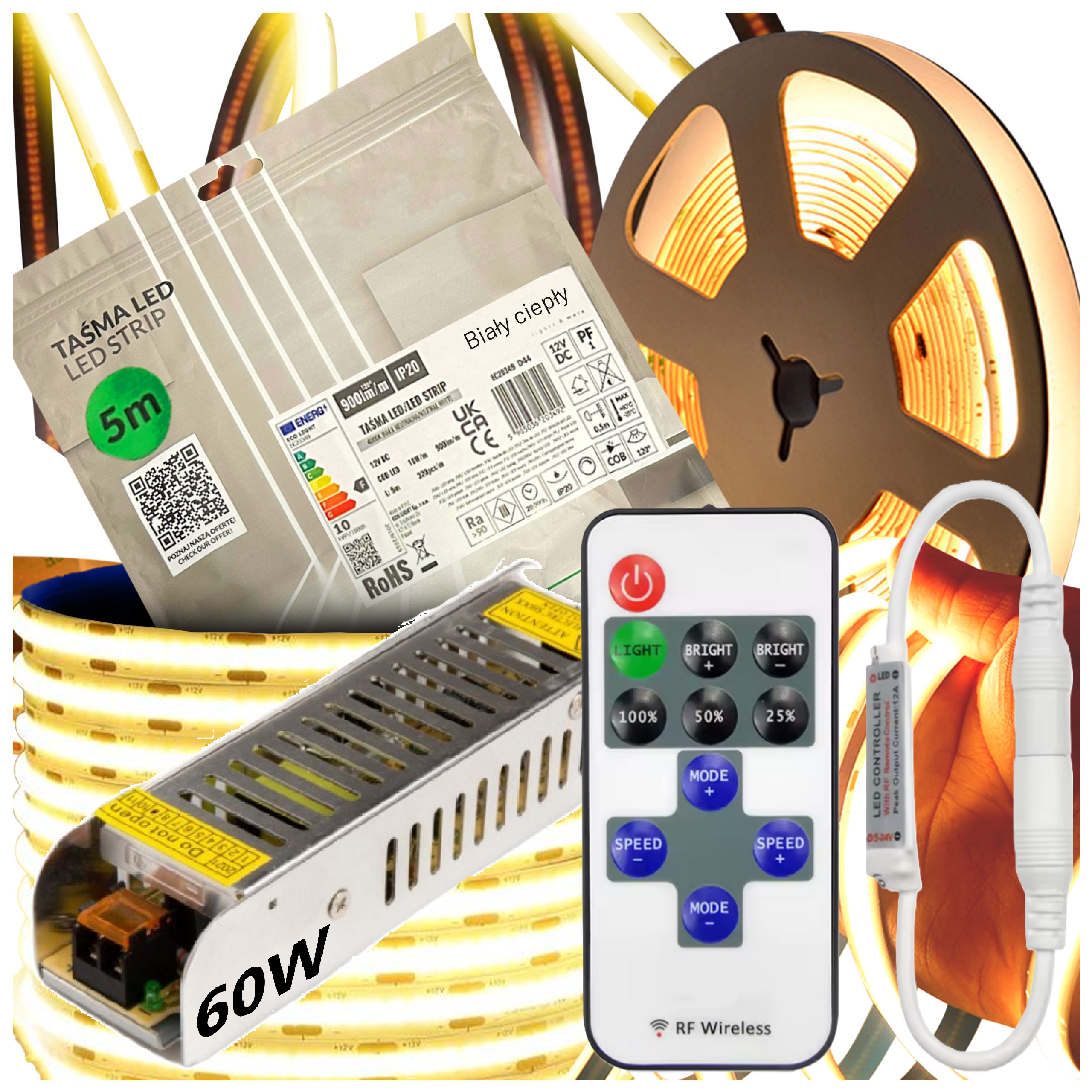 Sada Led pásků Neon Cob 12V 5m 3000K Bílá Teplá S Napájecím Zdrojem 60W Dálkový Ovladač