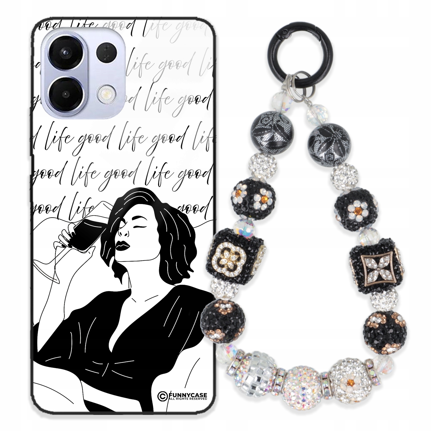 Puzdro Na Oppo K12S 5 G Sklo Ženské Čierno-biele Kľúčenka Strieborné Zirkóny Wz