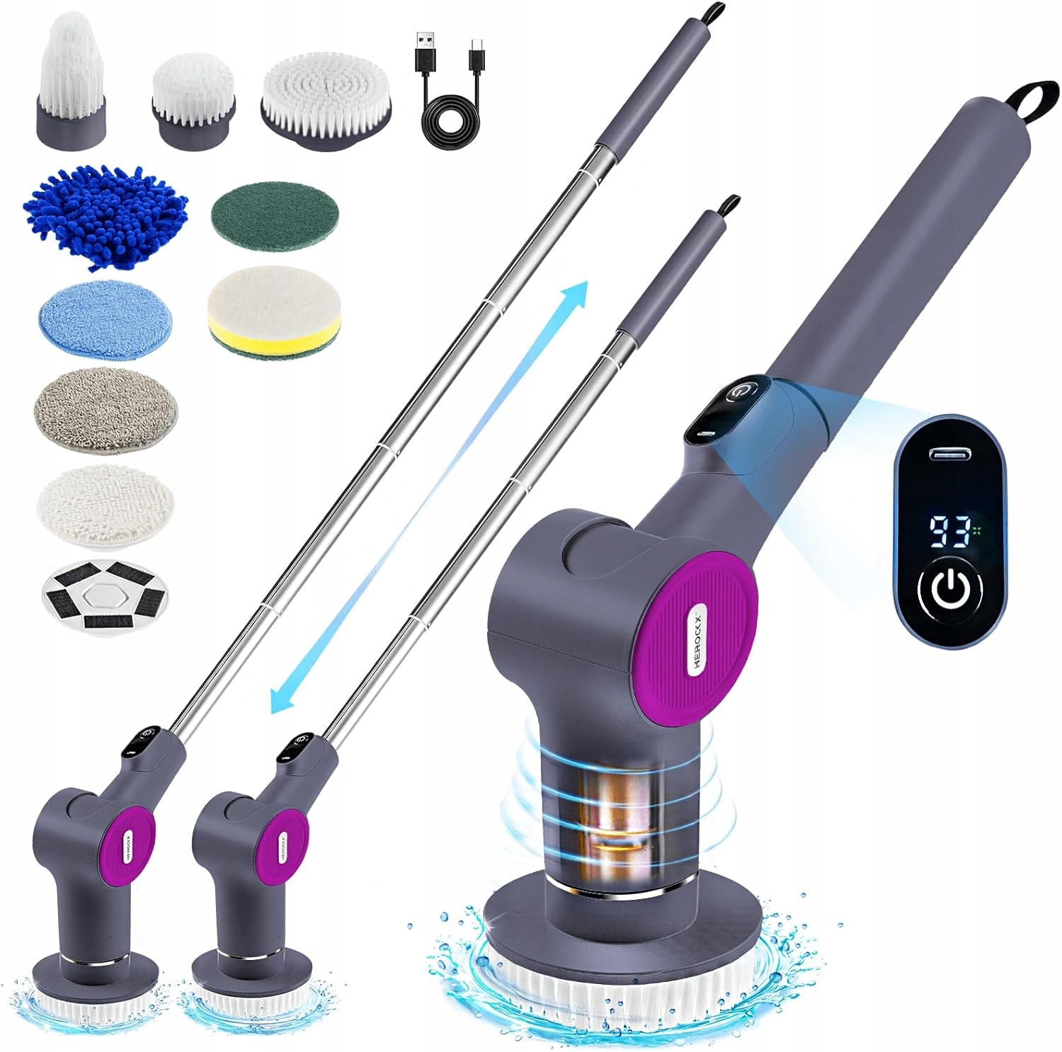 Levně Elektrický Kartáč Premium 9 Led Hlavic 2000 mAh Usb Nastavitelná Délka