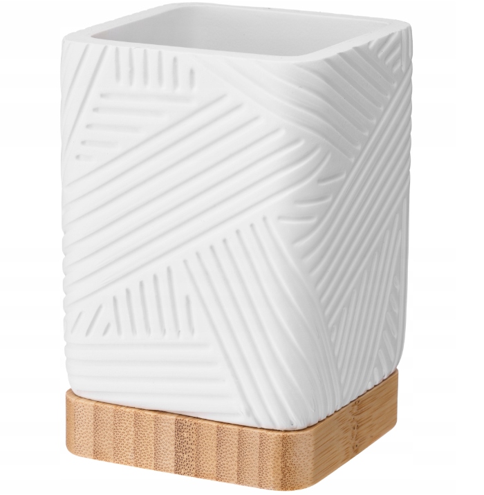 NOWOCZESNY KUBEK ŁAZIENKOWY RYFLOWANY POJEMNIK NA SZCZOTECZKI KWADRAT BIAŁY