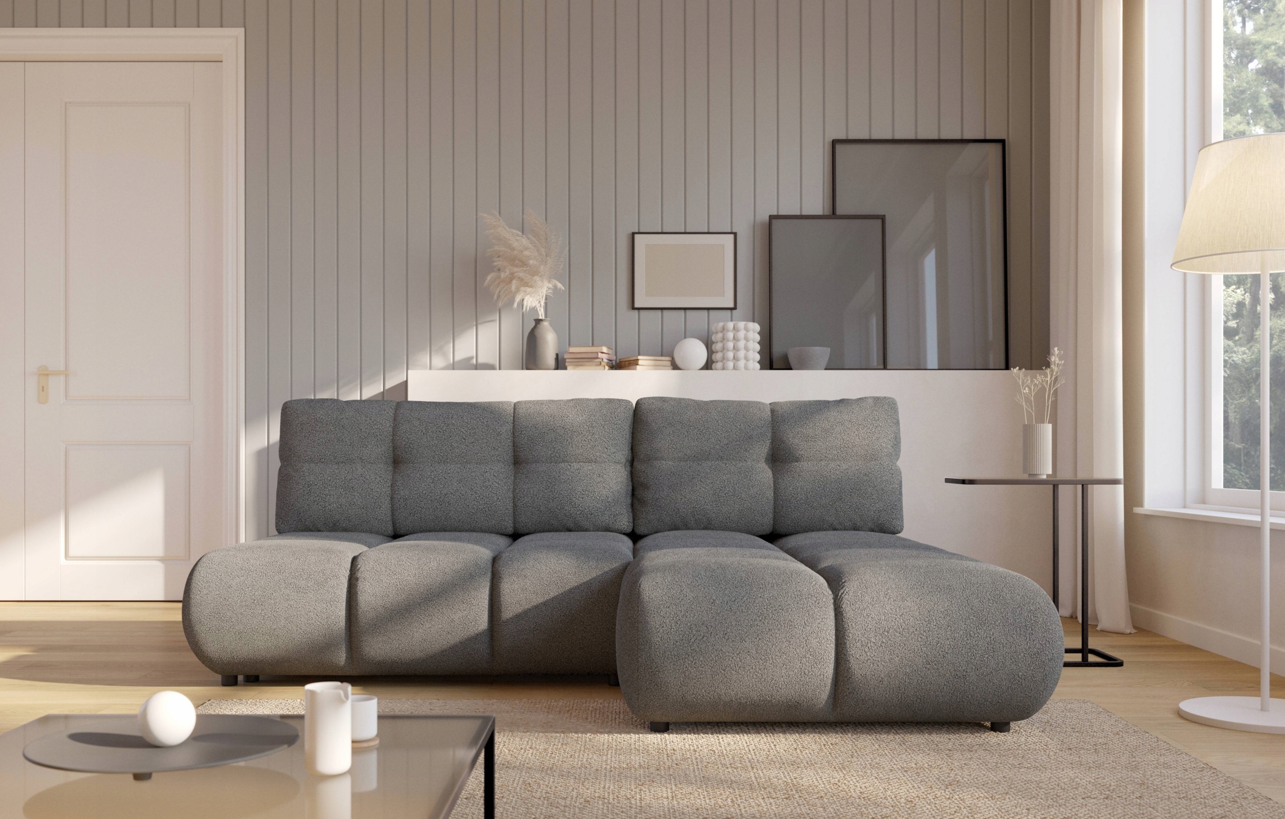 Rohová Sedací Souprava Corso Funkce Spaní Moderní Boucle Beránek Šedá
