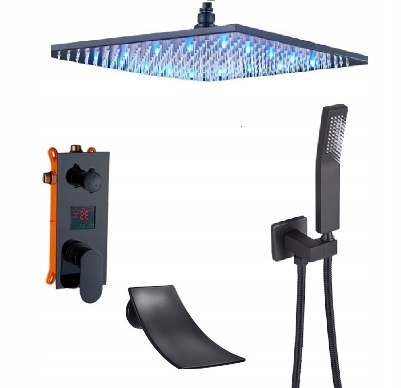 Čierna sprchová batéria Vodopád 40 LCD Led