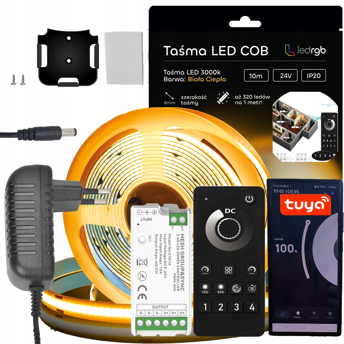 Sada Led pásků Cob 24V 10 m Bílá C. 3000K Do Zásuvky Wifi Zóny Dálkový Ovladač