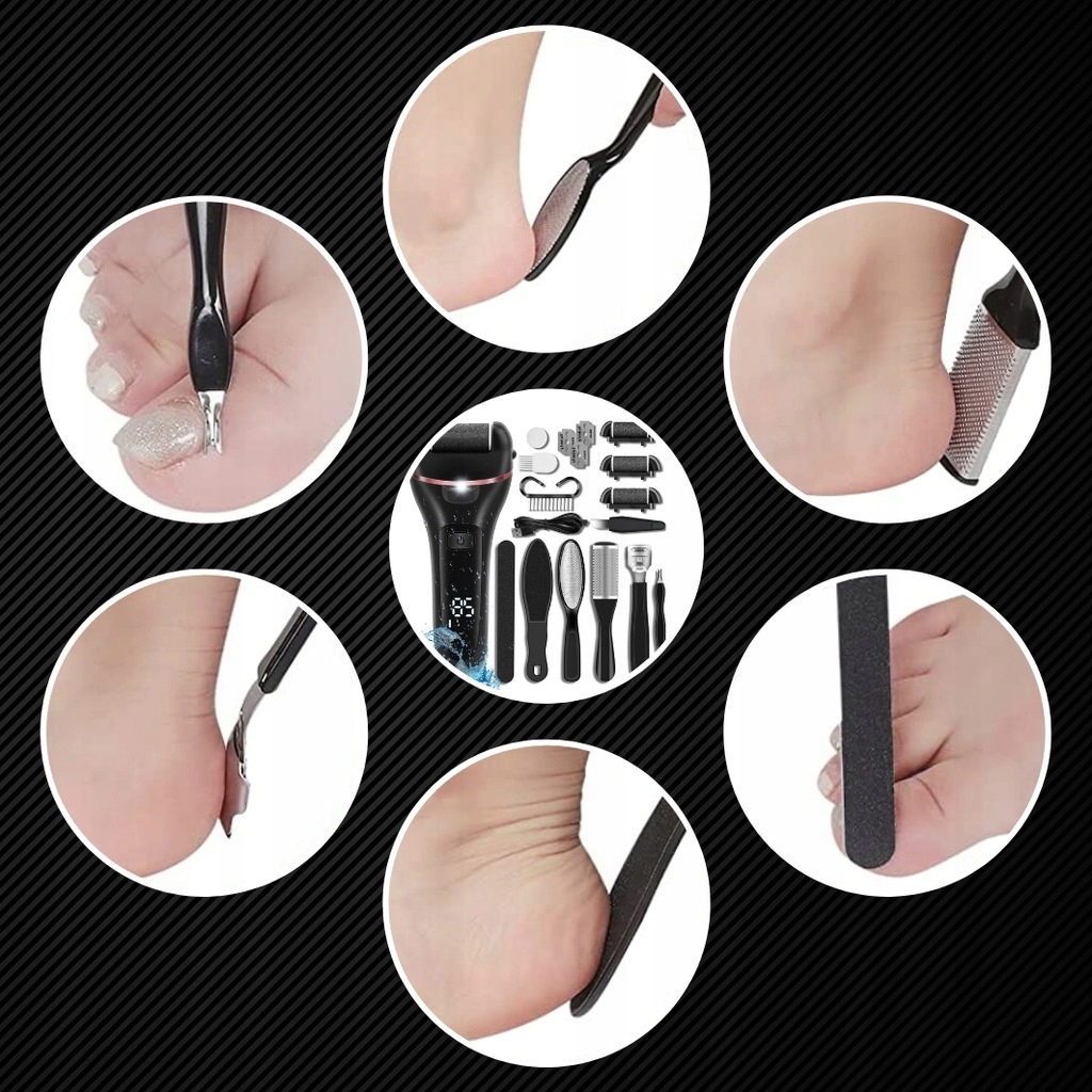 ELEKTRYCZNY PILNIK DO STÓP DO PIĘT LED MEGA ZESTAW PILNICZEK + NASADKI IPX7 Informacje o bezpieczeństwie CE