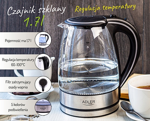 Czajnik Szklany AD 1225 1,7L 2200W Płaska Grzałka Automatyczne Wyłączanie