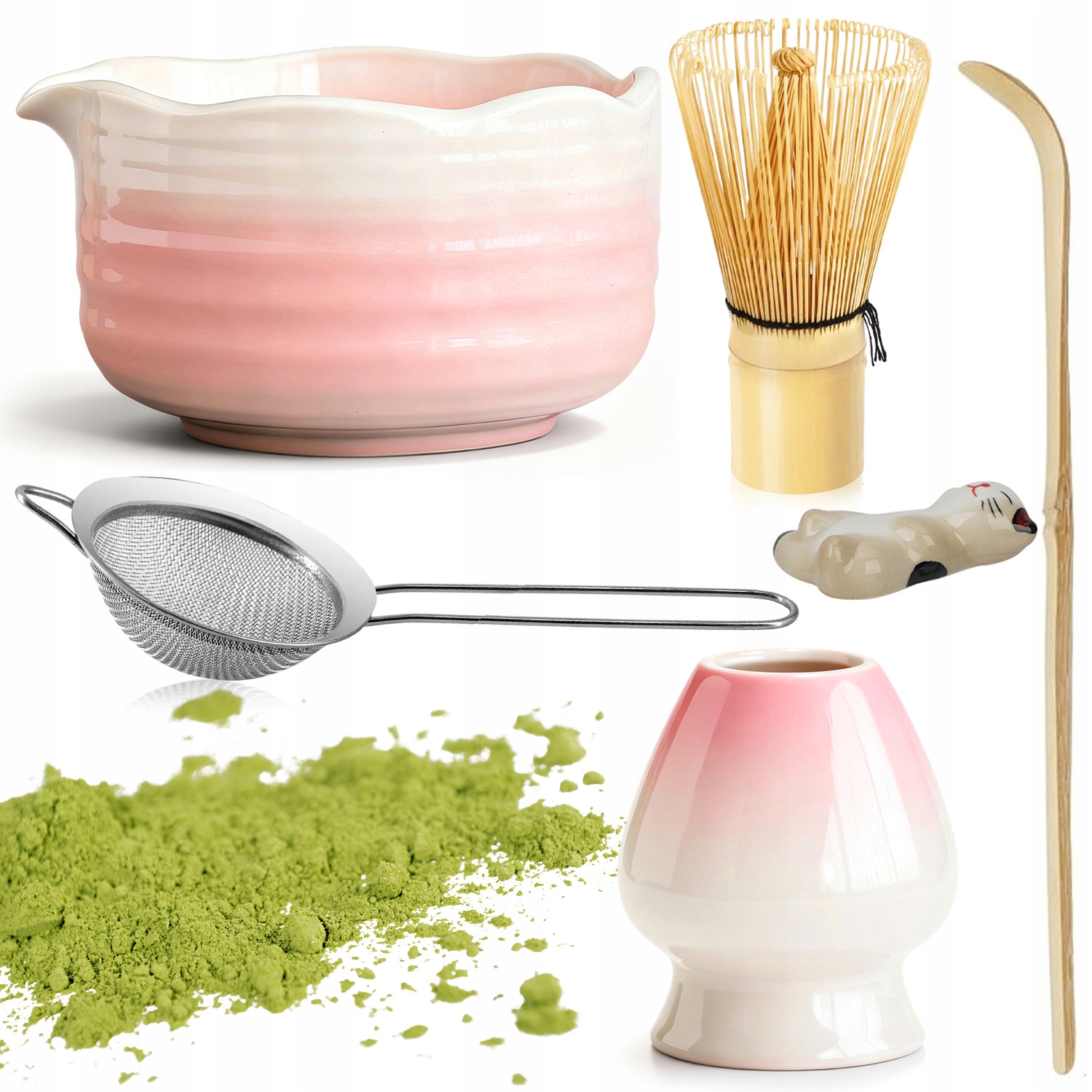 Levně 6V1 Kompletní Sada Na Čaj Matcha Keramická Elegantní Dárek Růžová