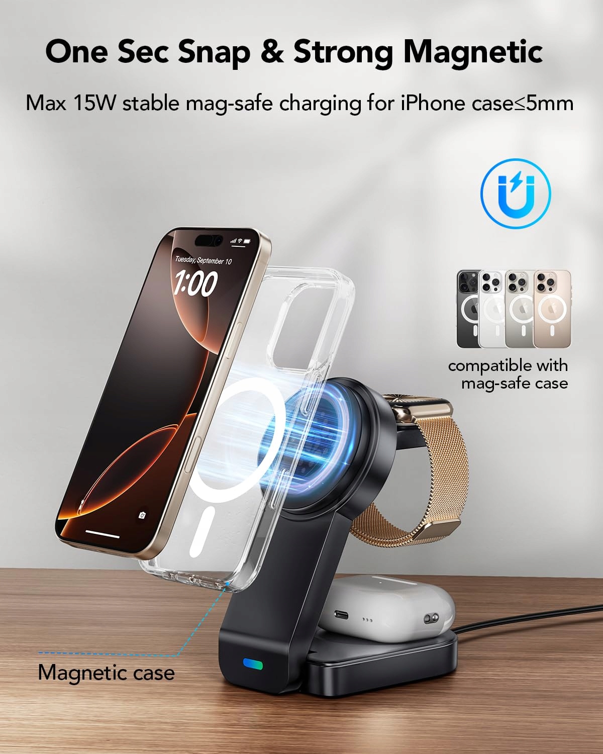 QUVFHE Magnetyczna Składana Stacja Ładowania 3w1 iPhone Apple Watch AirPods — miniatura 3