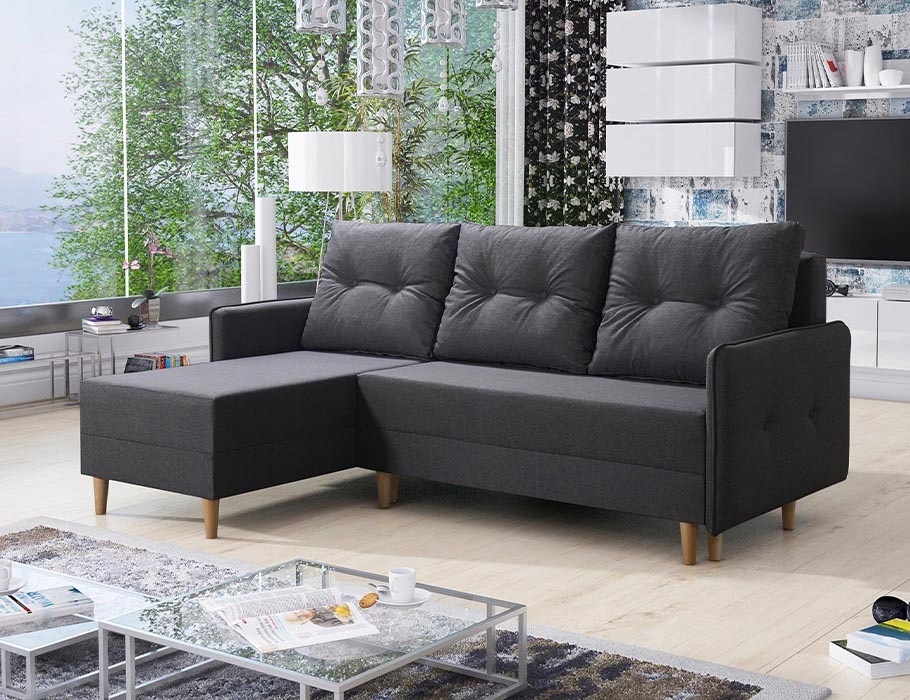 Skandinávský rohová sedací souprava s funkcí spaní Fern grafitový s nádobou