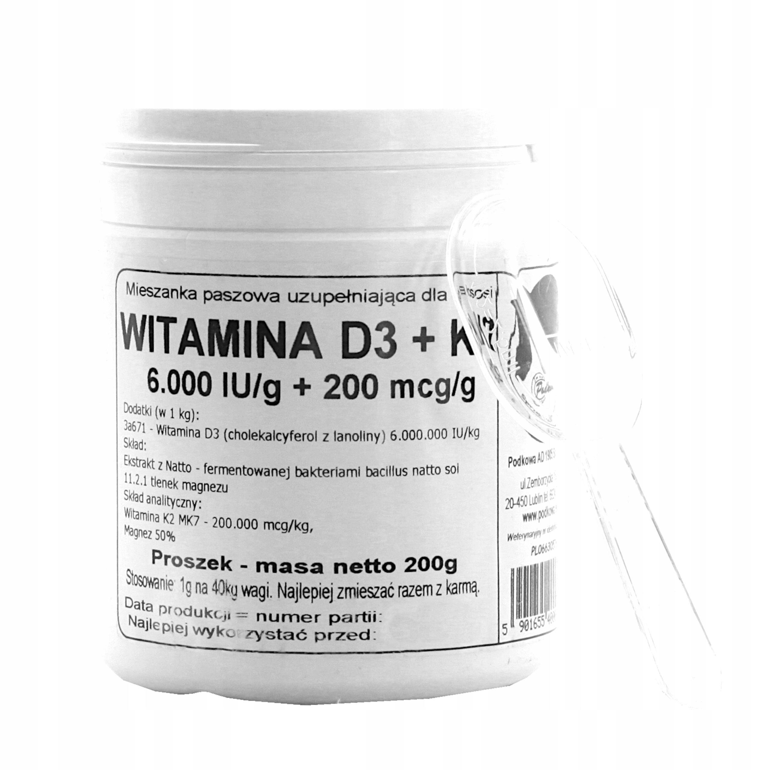 Levně Vitamín D3 K2 MK7 Hořčík v prášku 6.000 IU/g 200 g Podkowa