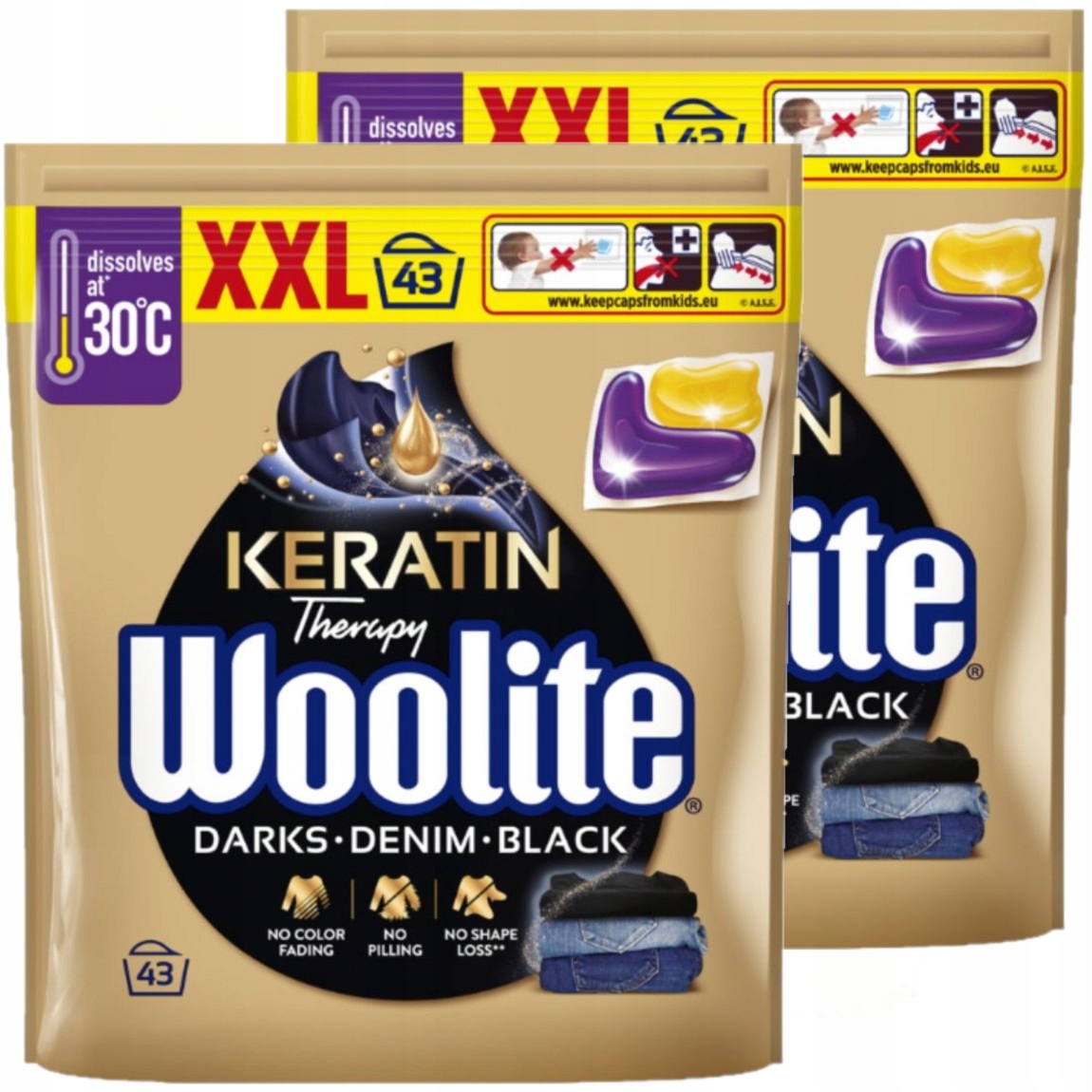 Levně Woolite Kapsle na praní Černé Tmavé tkaniny Jeans 86 ks s keratinem