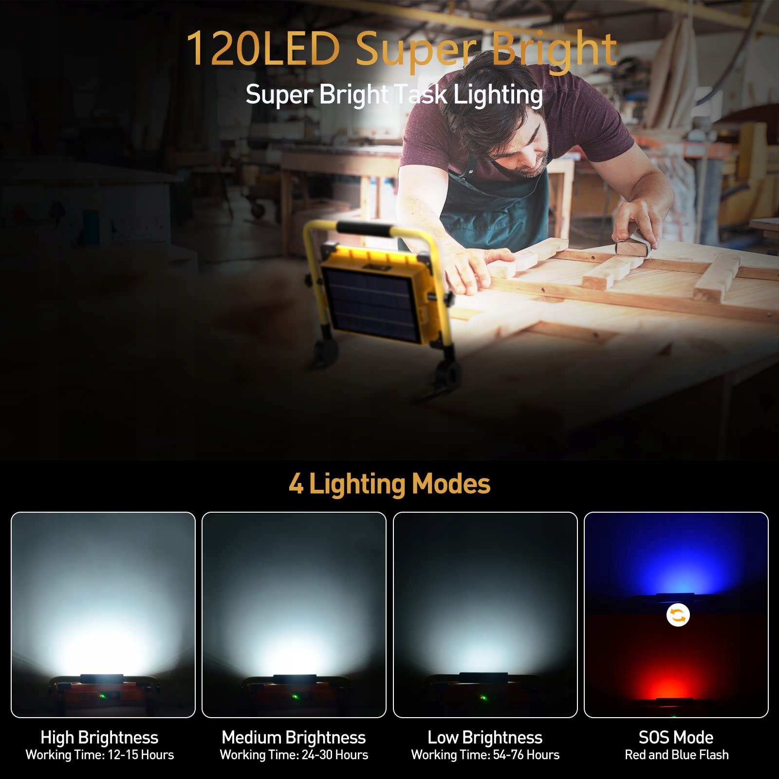 SOLAR LED Lampa Robocza Akumulatorowa 120 LED USB 4 Tryby Wodoodporna — miniatura 2