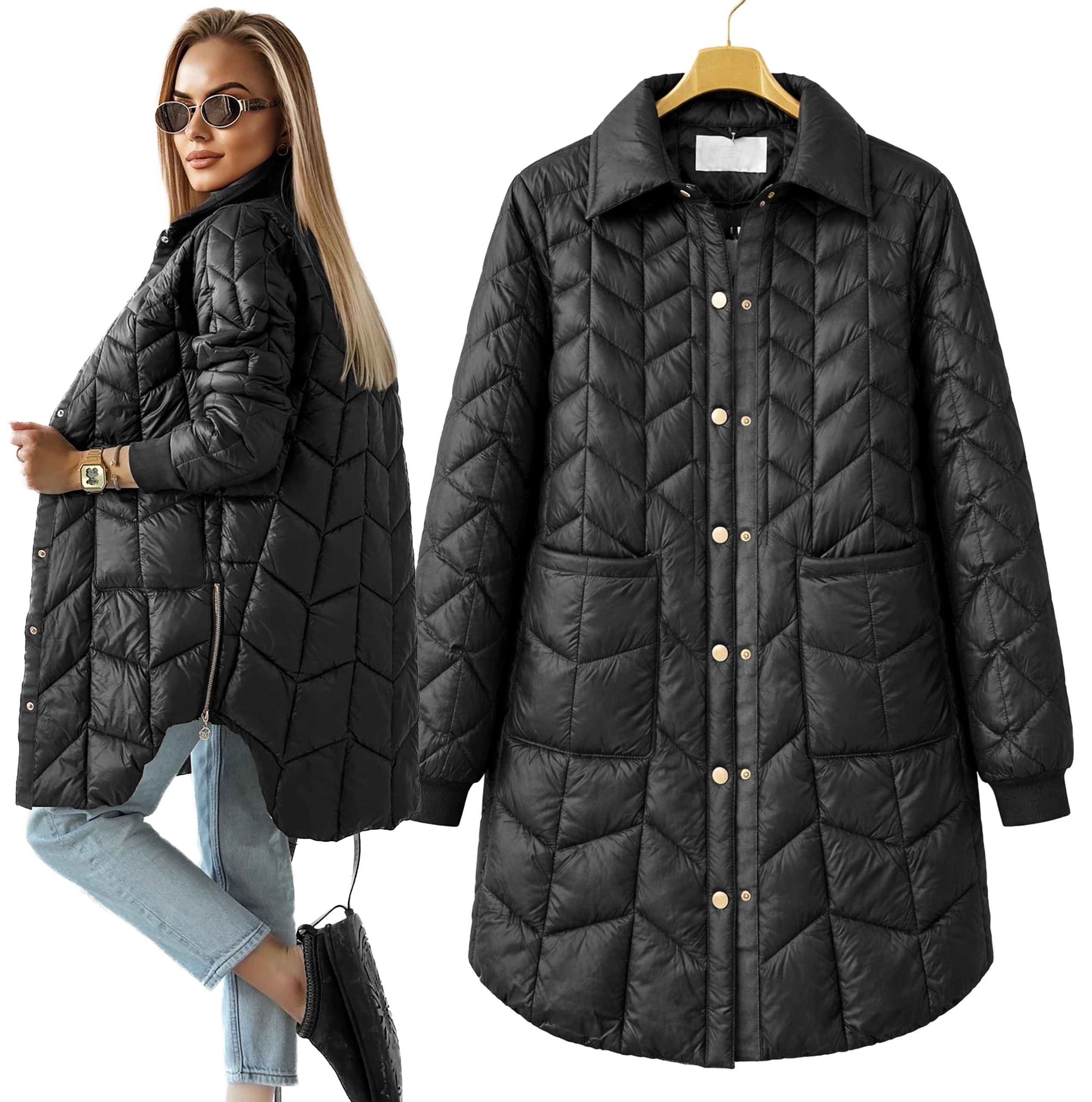 Černá přechodová lehká dámská dlouhá prošívaná kabátek Cassi