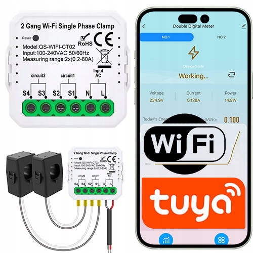 Licznik energii z dwoma przekładnikami Wifi 80A Tuya Smart Life Pomiar kWh