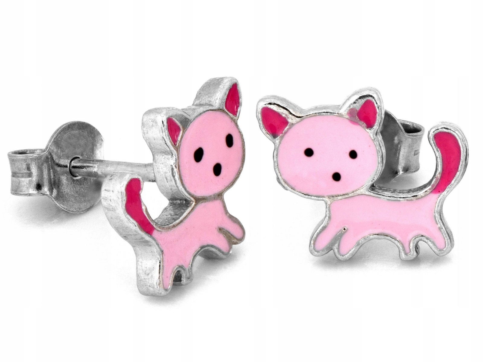 Stříbrné náušnice 925 kočičky s růžovým smaltem 1.60 g jako dárek, módní vzor