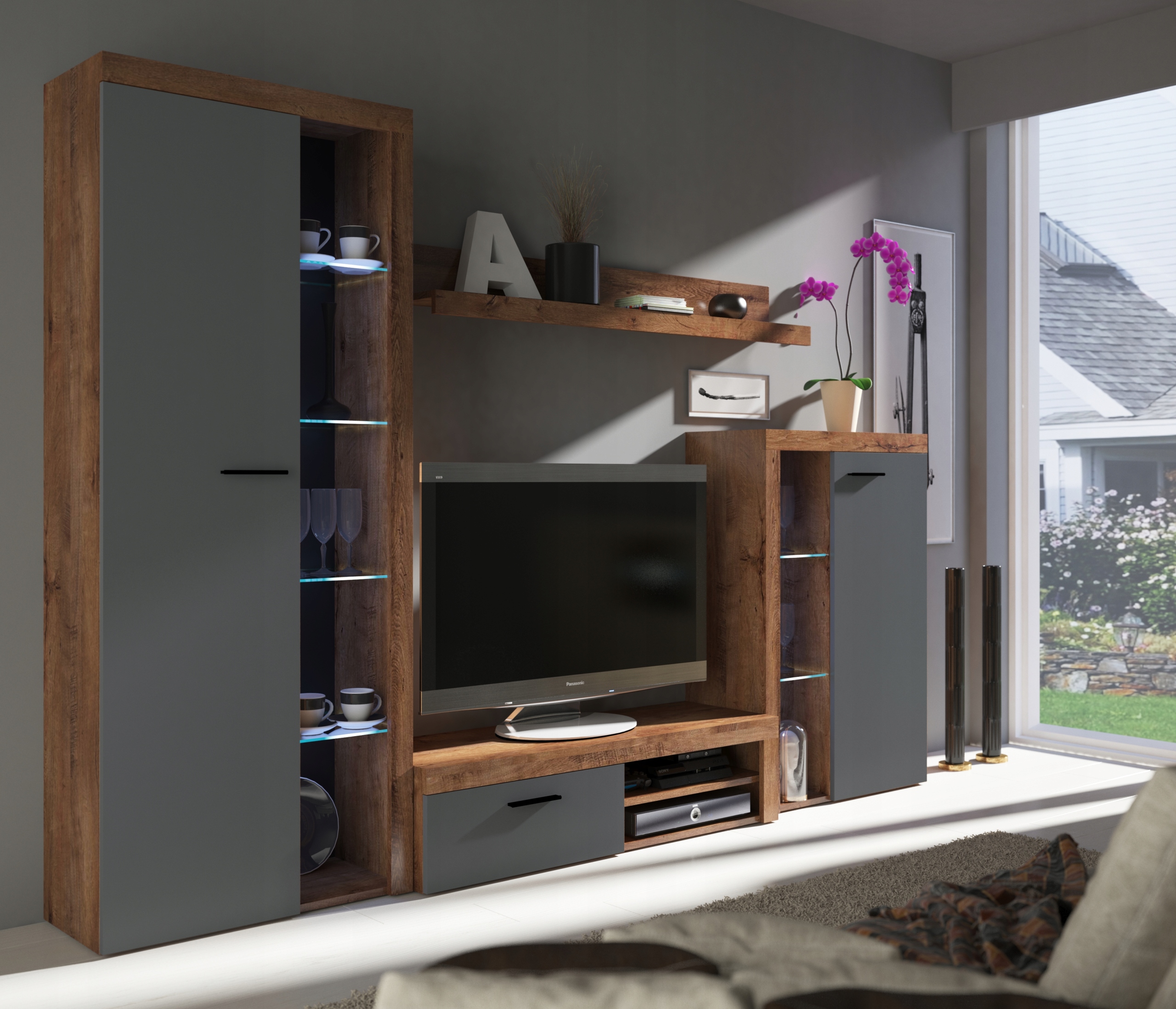 Meblościanka z komodą zestaw RAMON LED BIAŁY+BETON Kod producenta RA-MK