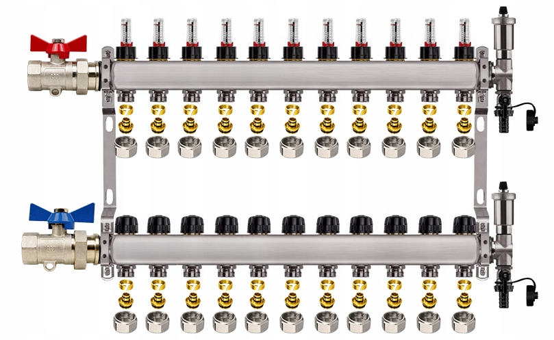 Rozdělovač Pro Podlahovku 11 Nerezových Okruhů Jednoduchý Ventil Pexové Spojky