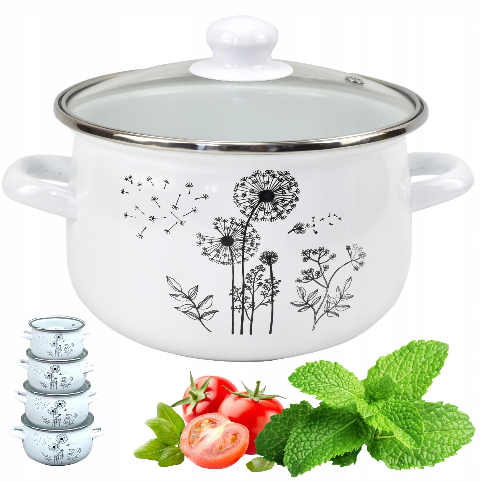 Zestaw garnków Koko dekoracja DMUCHAWCE emaliowane 8 el. Liczba elementów w zestawie 8