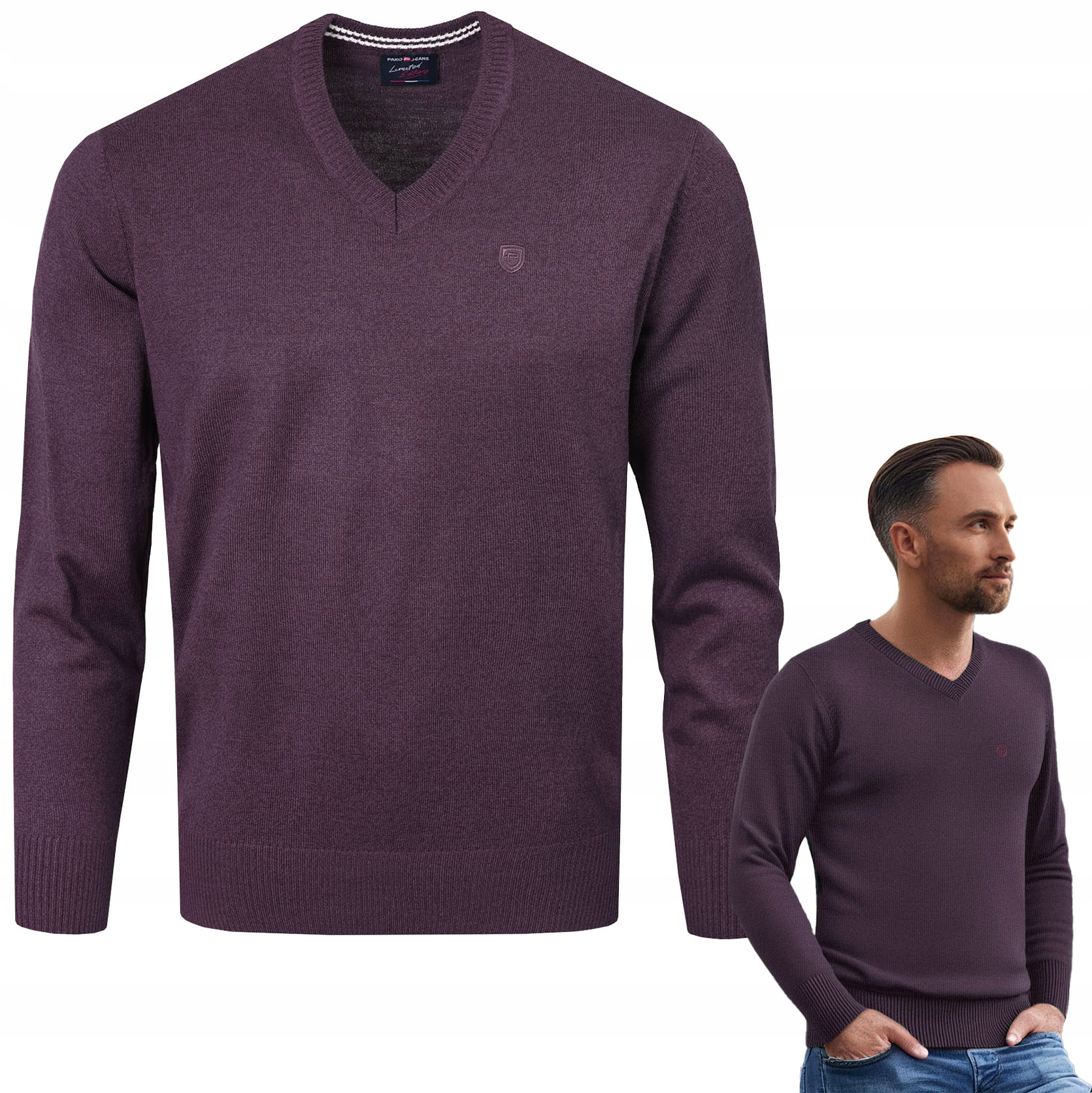 Pánský svetr se sýrem Elegantní hladký Švestkový melír XXL Pako Jeans