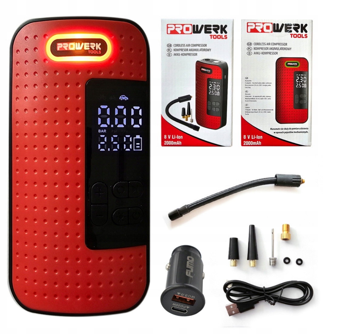 Kompresor akumulatorowy 8V LI-Ion 2000mAh 10 Bar 150PSI 40 W latarka Led