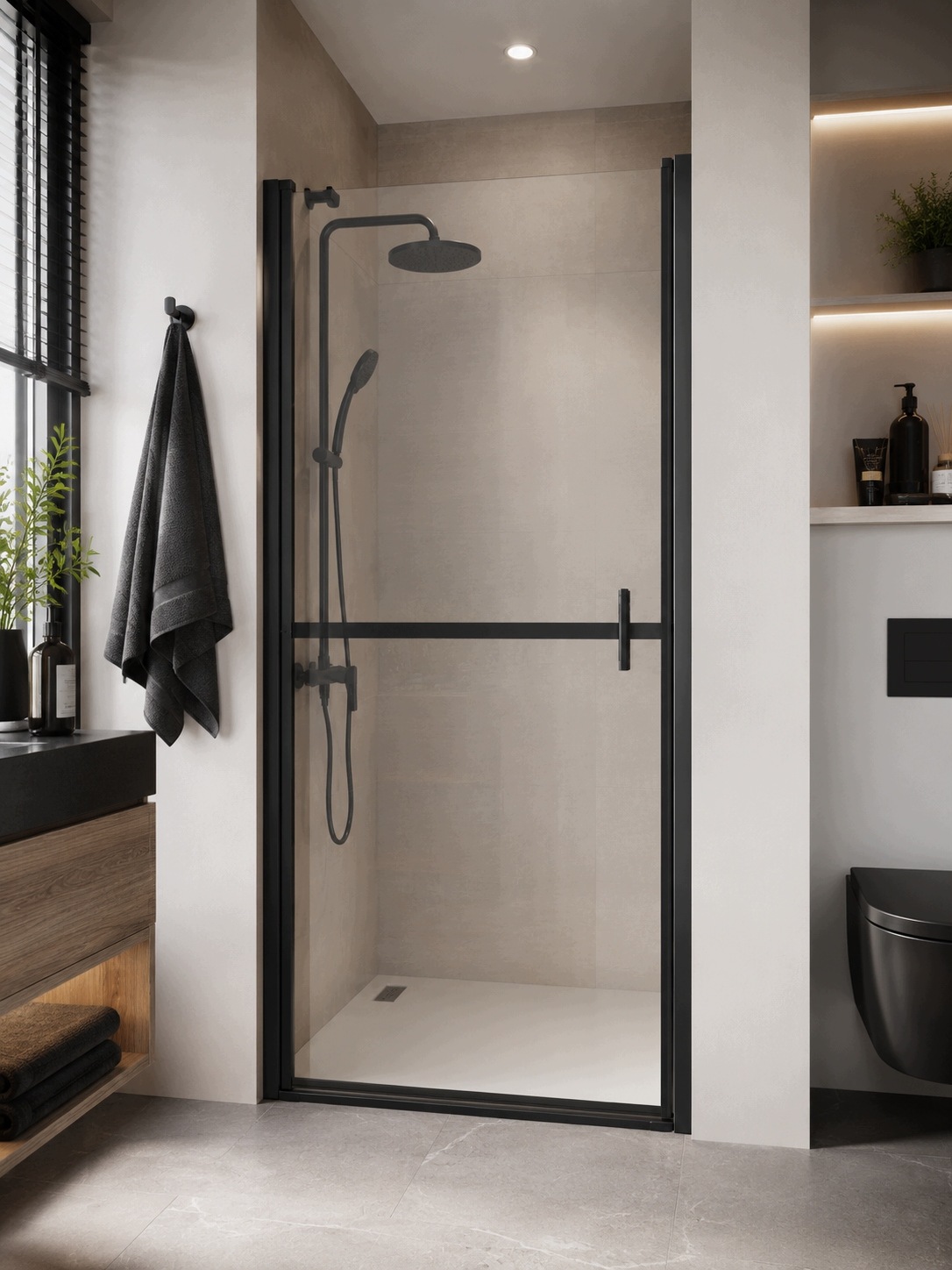 Drzwi prysznicowe wnękowe 90 cm czarne transparentne 195 cm