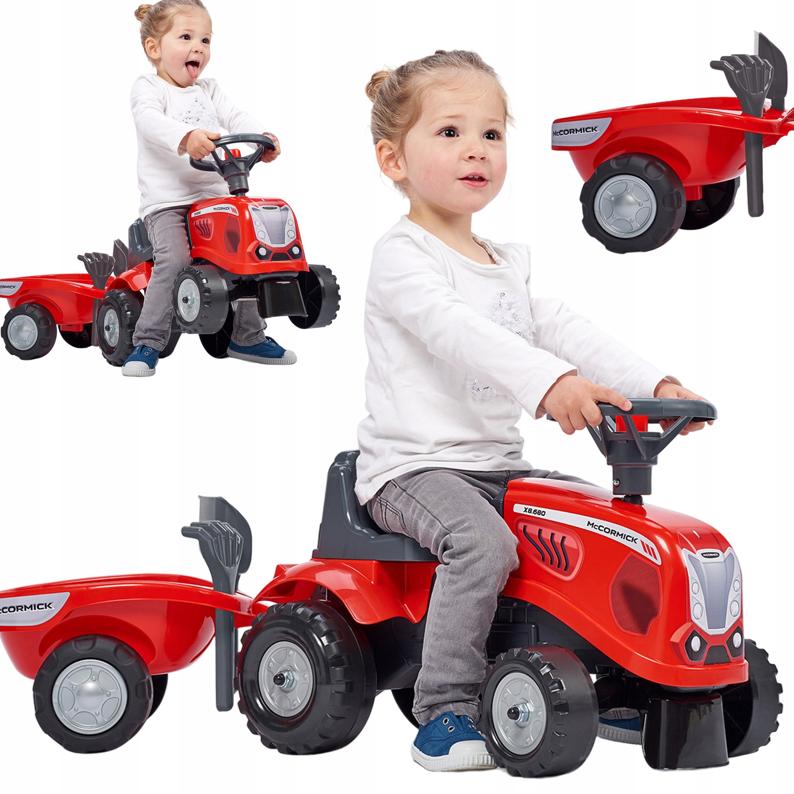 Traktorek Jeździk Baby Mac Cormick Czerwony Z Przyczepką Akcesoria 1+ Falk