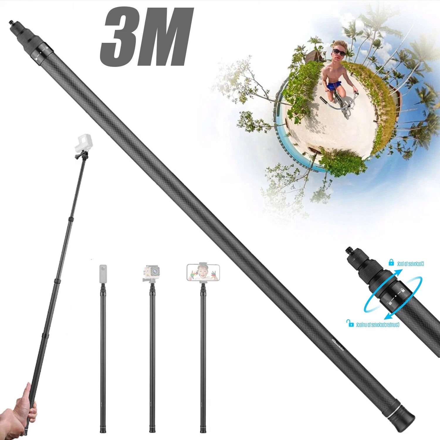 Neviditelný selfie Stick pro Insta360 X5 X4 X3 One X2 300 cm Uhlíkové vlákno