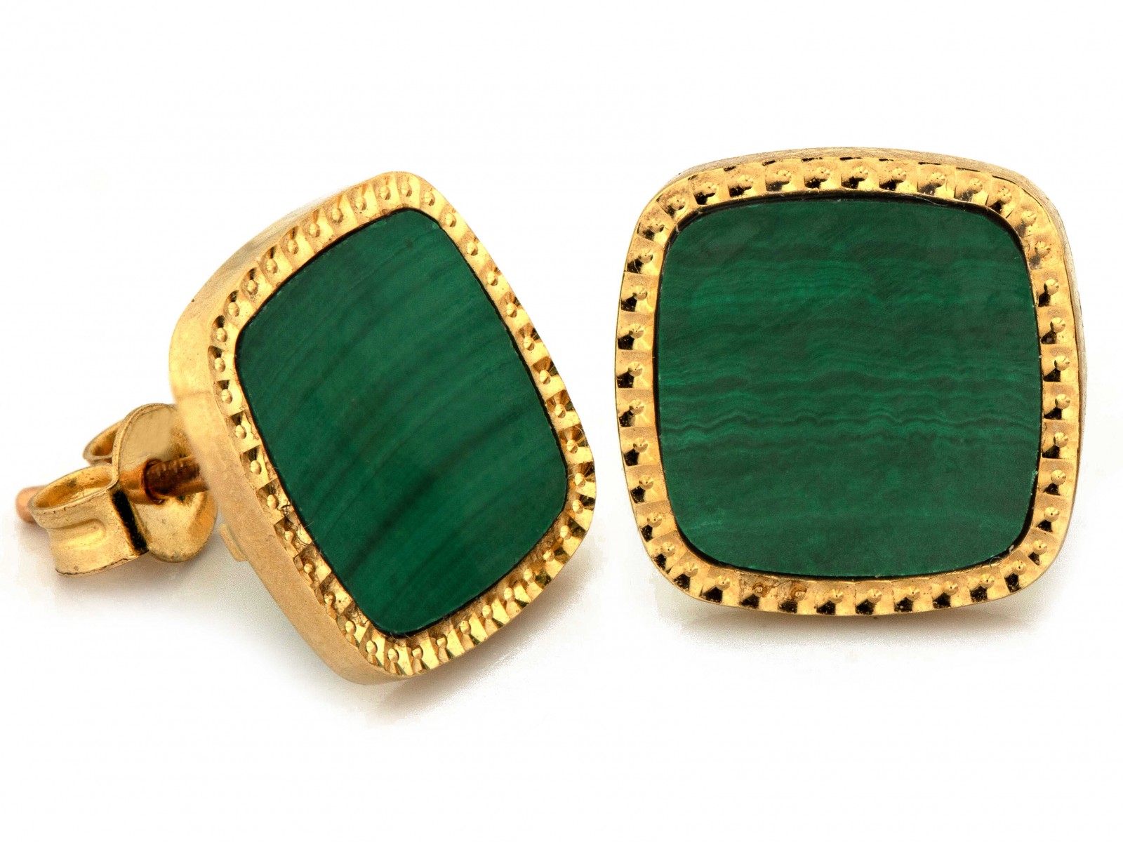Zlaté náušnice 585 čtvercové s malachitem 2.55 g na tyčince jako dárek