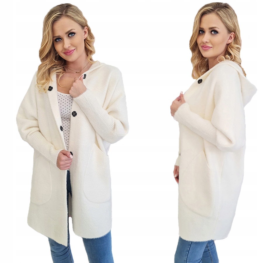 Płaszcz Alpaka Kaptur Wełna Oversize Ecru