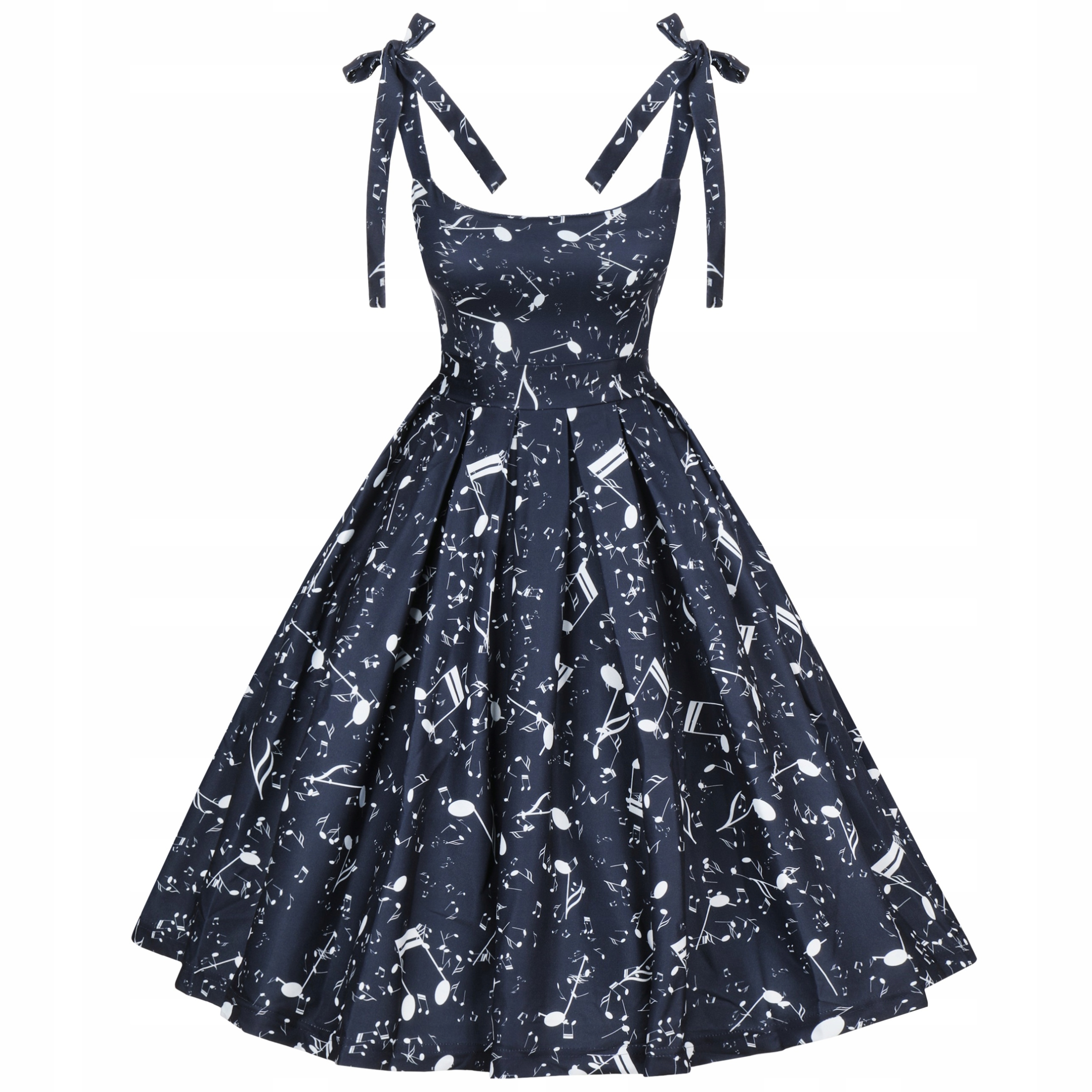Šaty Pin Up tmavě modrá hudební s notovými tóny, plisovaná, prošívaná