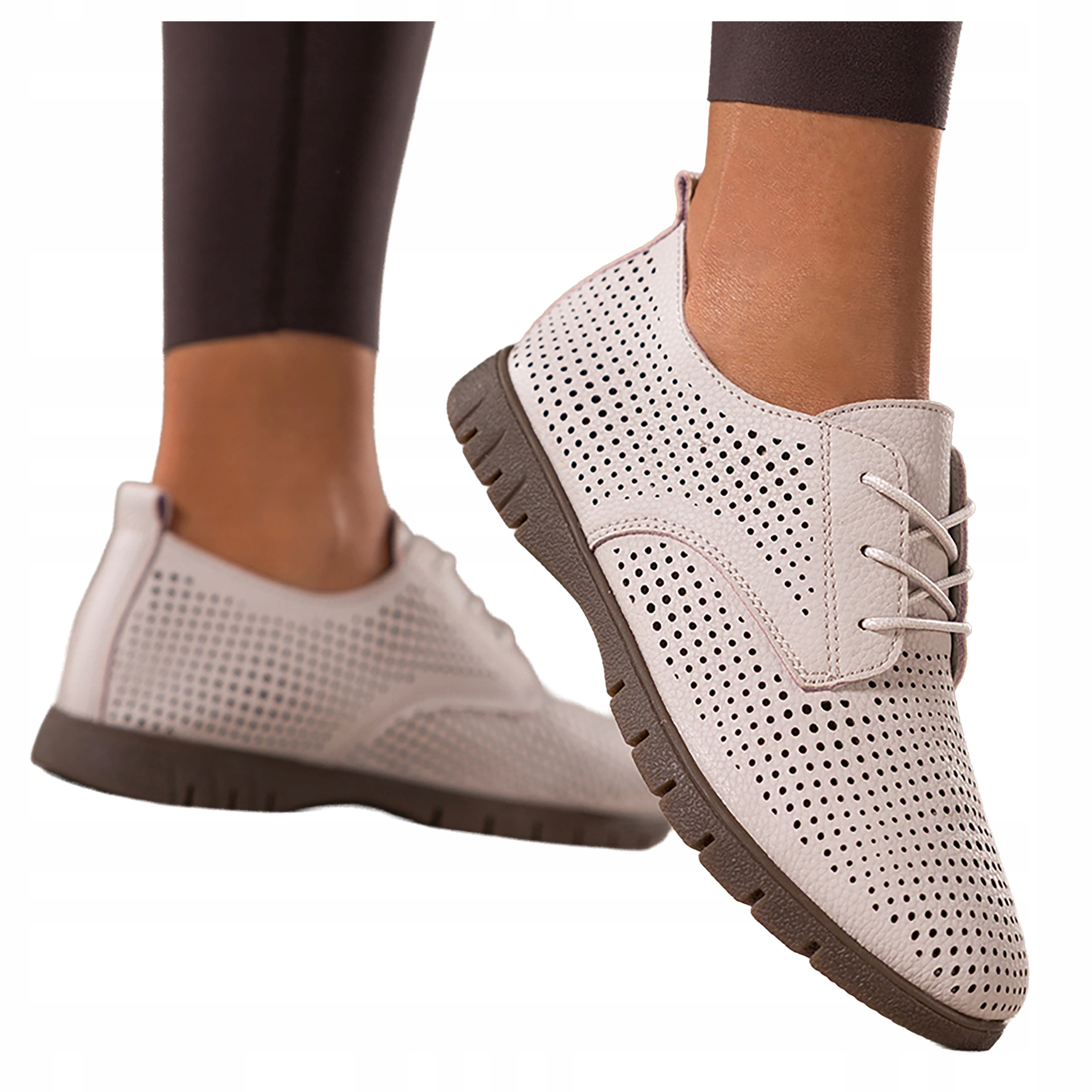 Béžové dámské polobotky s krajkovým vzorem, pružná podrážka, šněrovací, kožené, vel. 36