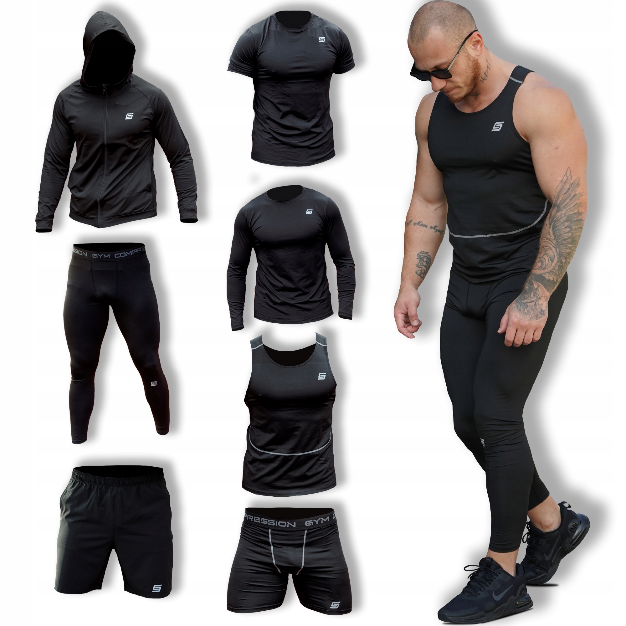 Strój Rashguard Spodnie Spodenki Termoaktywna Trening Męska Komplet Termo