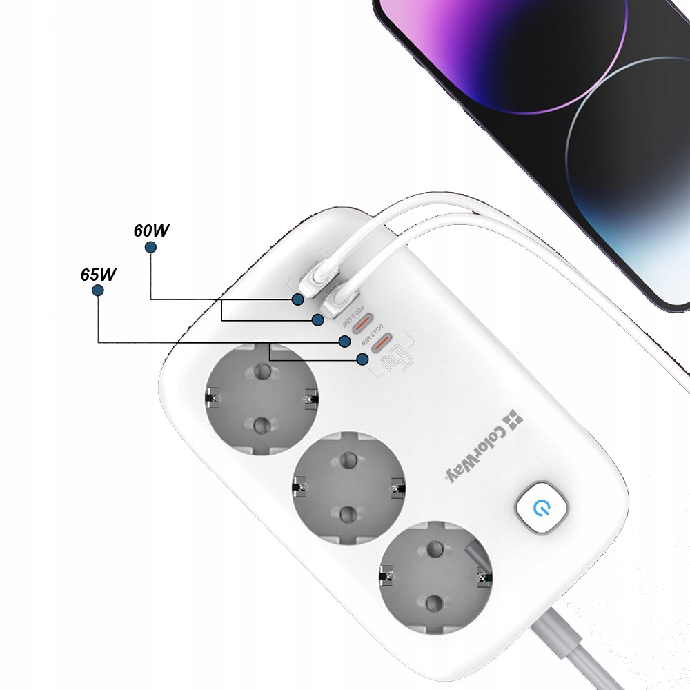 Colorway Prodlužovací napájecí přívod/ 3x Schuko/ 2x Usb-a 60W/ 2x Usb-c 65