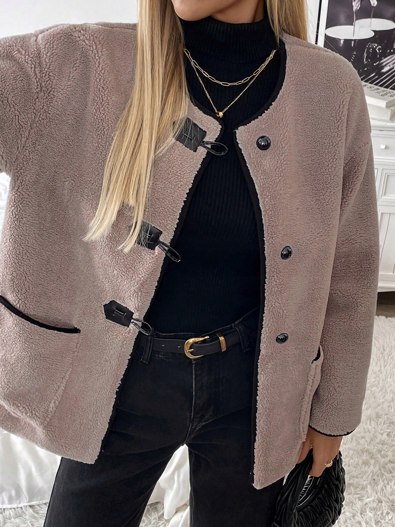 Dámská Oversize Bunda Typu Teddy Přechodová Khaki Casual Shein, Velikost 40
