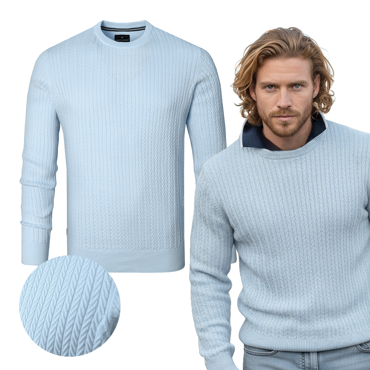 Elegantní pánský bavlněný Svetr Modrý s copánkovou vazbou XL Pako Jeans